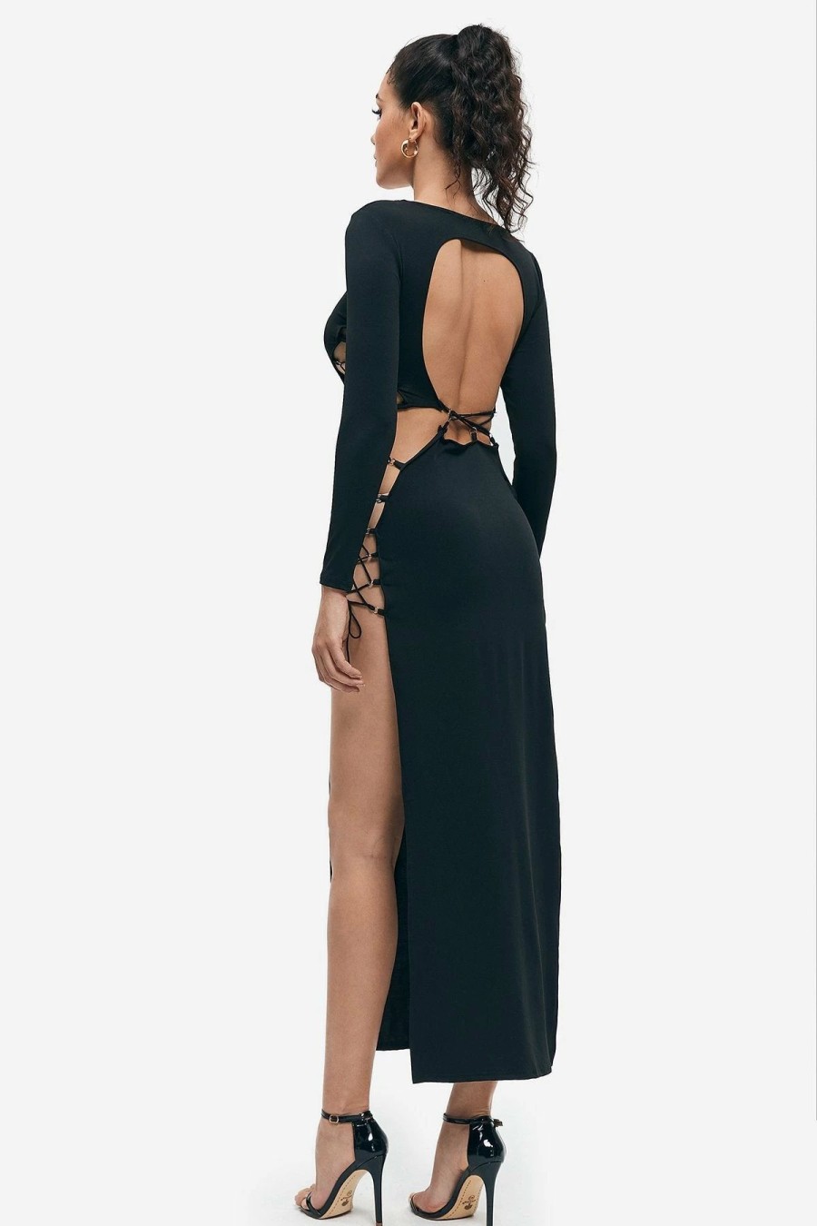 Wholesale * Solado Lace Up Open Back Split Hem Maxi Dress Black