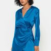 Best * Solado Satin Cinched Waist Wrap Hem Long Sleeve Mini Dress Steelblue