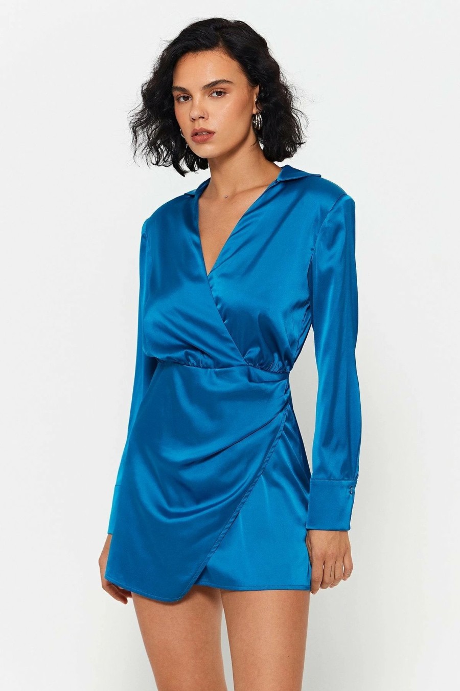 Best * Solado Satin Cinched Waist Wrap Hem Long Sleeve Mini Dress Steelblue