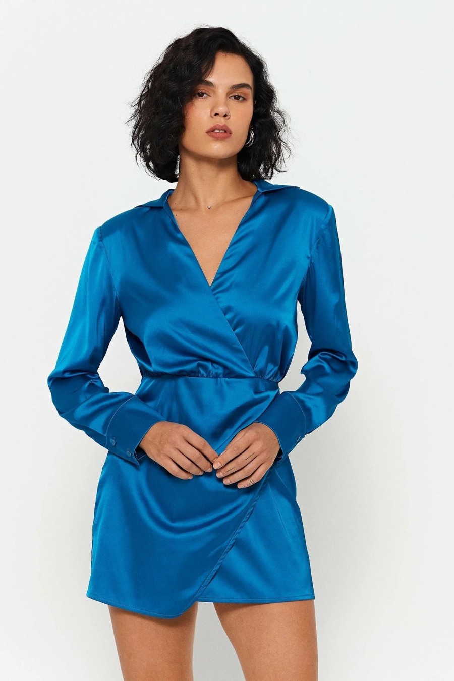 Best * Solado Satin Cinched Waist Wrap Hem Long Sleeve Mini Dress Steelblue