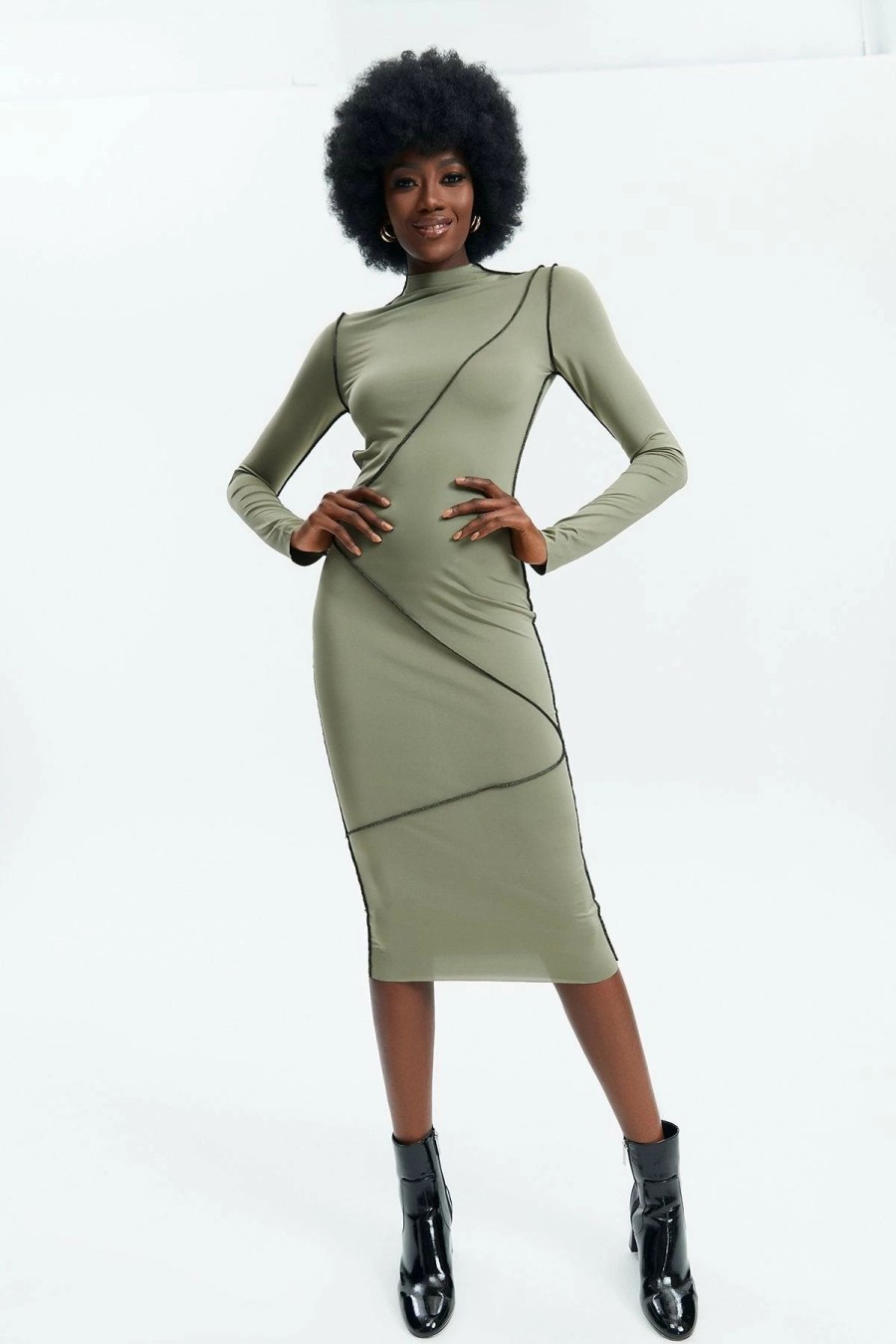 Best * Solado Top-Stitching Solid Cut Out Midi Dress Green