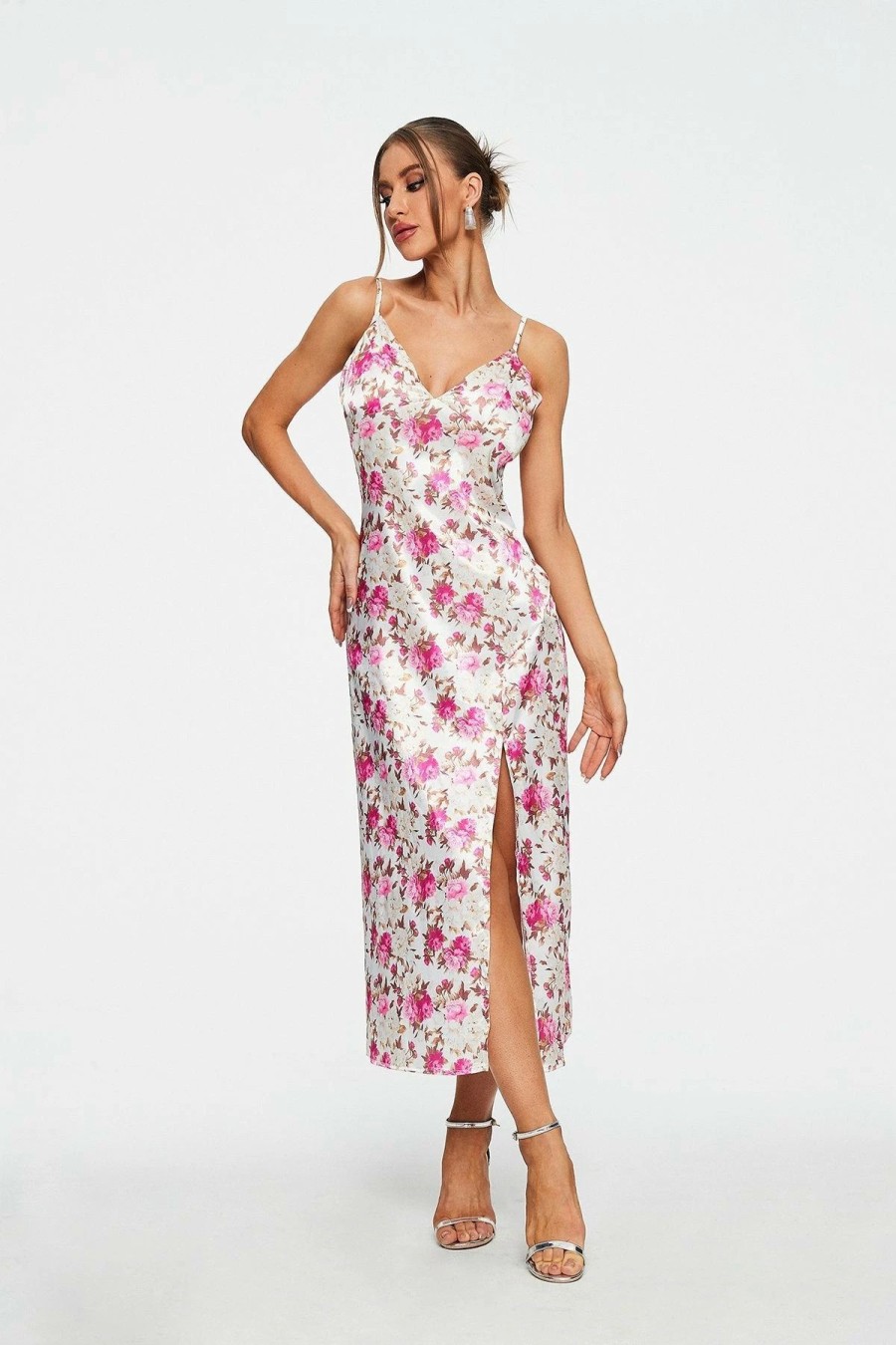 Wholesale * Solado Plunging Neck Floral Print Split Hem Maxi Dress Pink