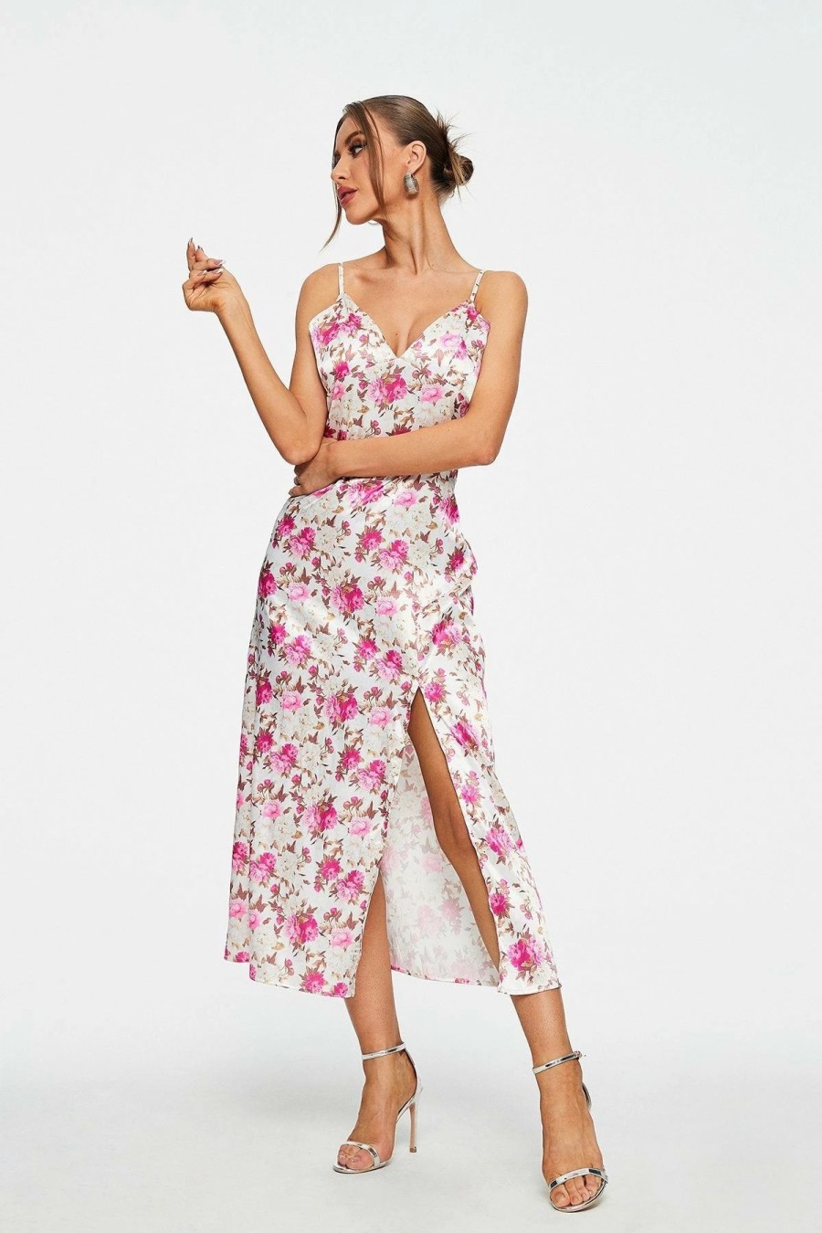 Wholesale * Solado Plunging Neck Floral Print Split Hem Maxi Dress Pink