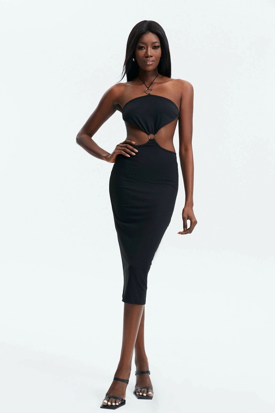 Wholesale * Solado Halter Neck Backless O-Ring Front Midi Dress Black