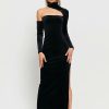 Clearance * Solado Velvet High Neck Cold Shoulder Split Hem Maxi Dress Black