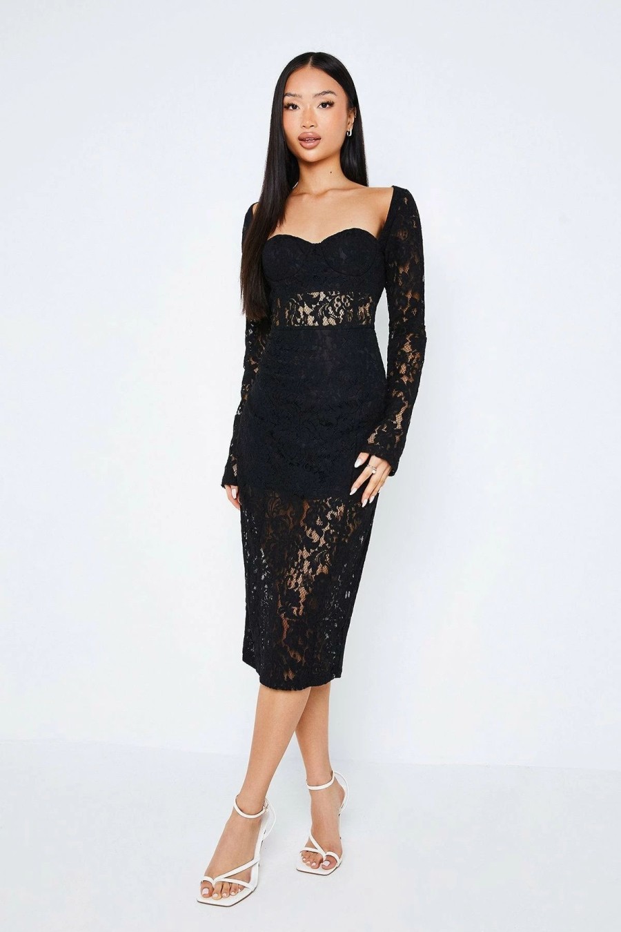 Wholesale * Solado Sweetheart Lace Splicing Long Sleeve Midi Dress Black