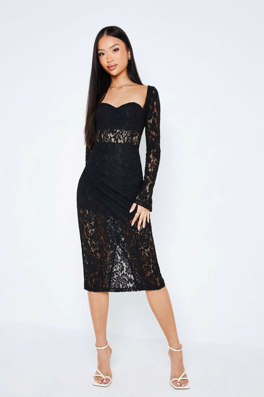 Wholesale * Solado Sweetheart Lace Splicing Long Sleeve Midi Dress Black