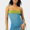 Best * Solado Lace Up Two Tone Mesh Ruched Mini Dress Blue