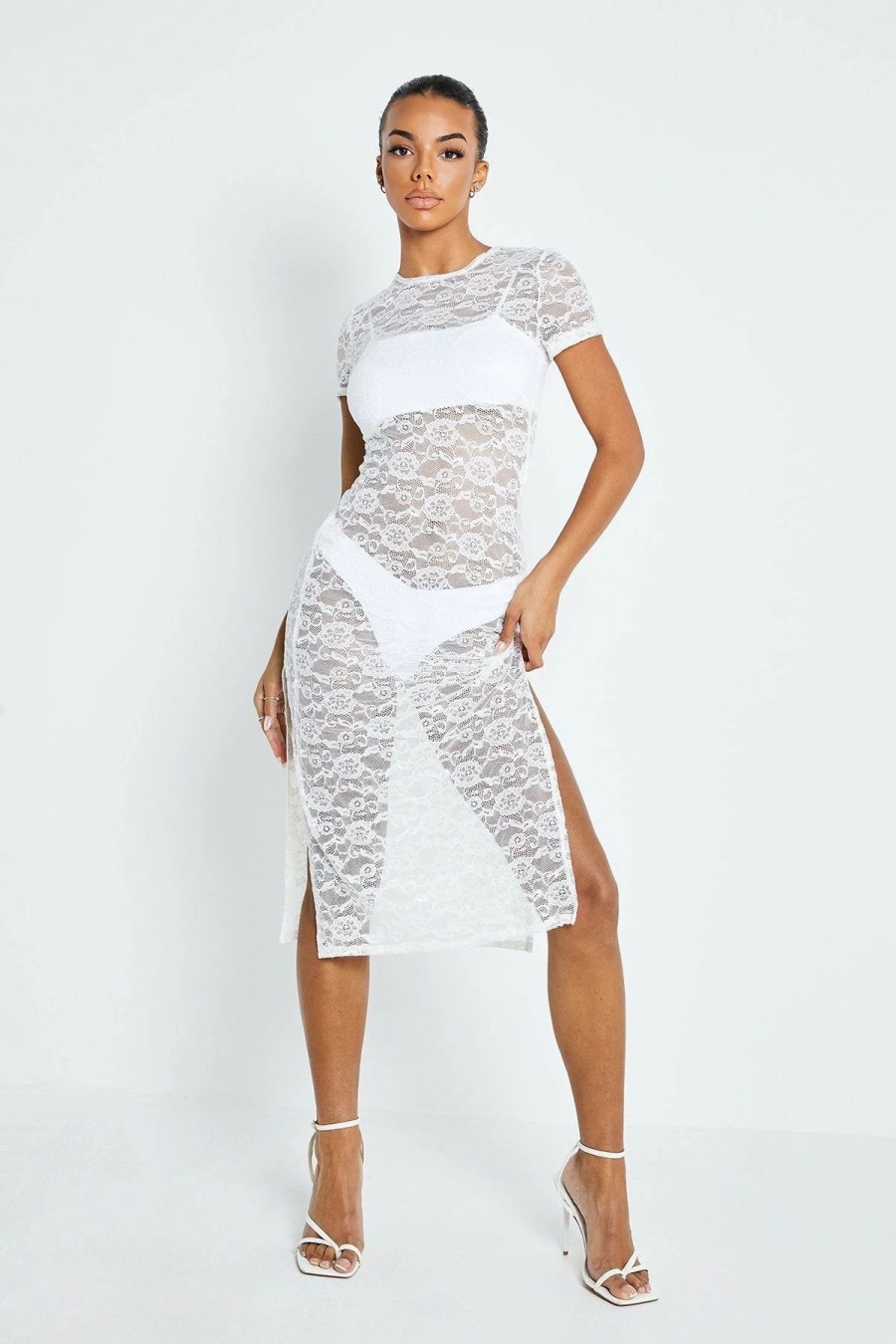 Wholesale * Solado Floral Lace Split Hem Short Sleeve Midi Dress Without Underwear White