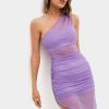 Best * Solado One Shoulder Mesh Asymmetrical Hem Midi Dress Plum