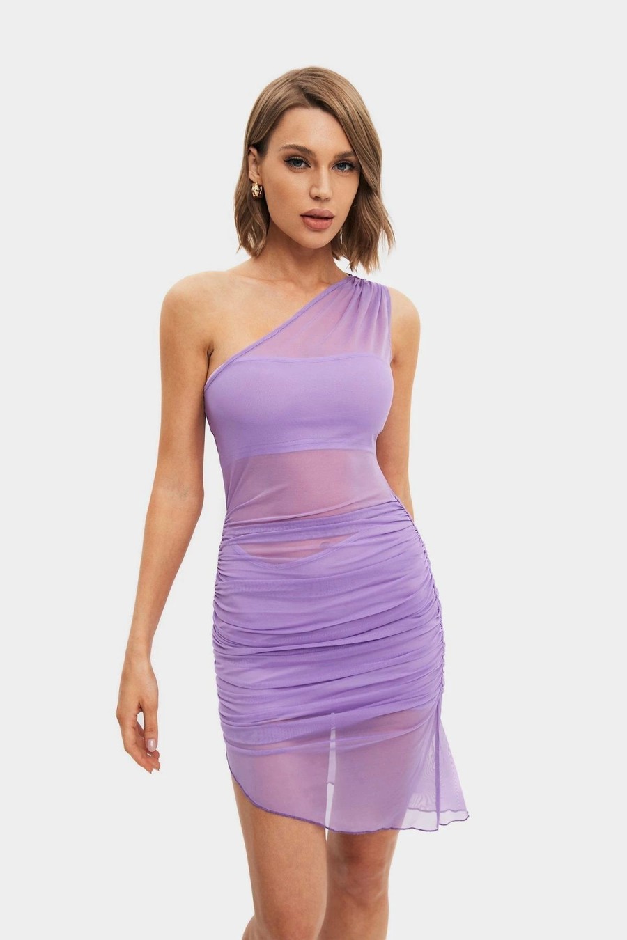 Best * Solado One Shoulder Mesh Asymmetrical Hem Midi Dress Plum