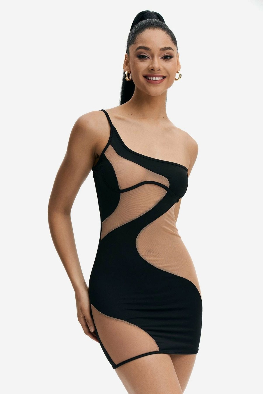 Online * Solado One Shoulder Mesh Splicing Mini Dress Black