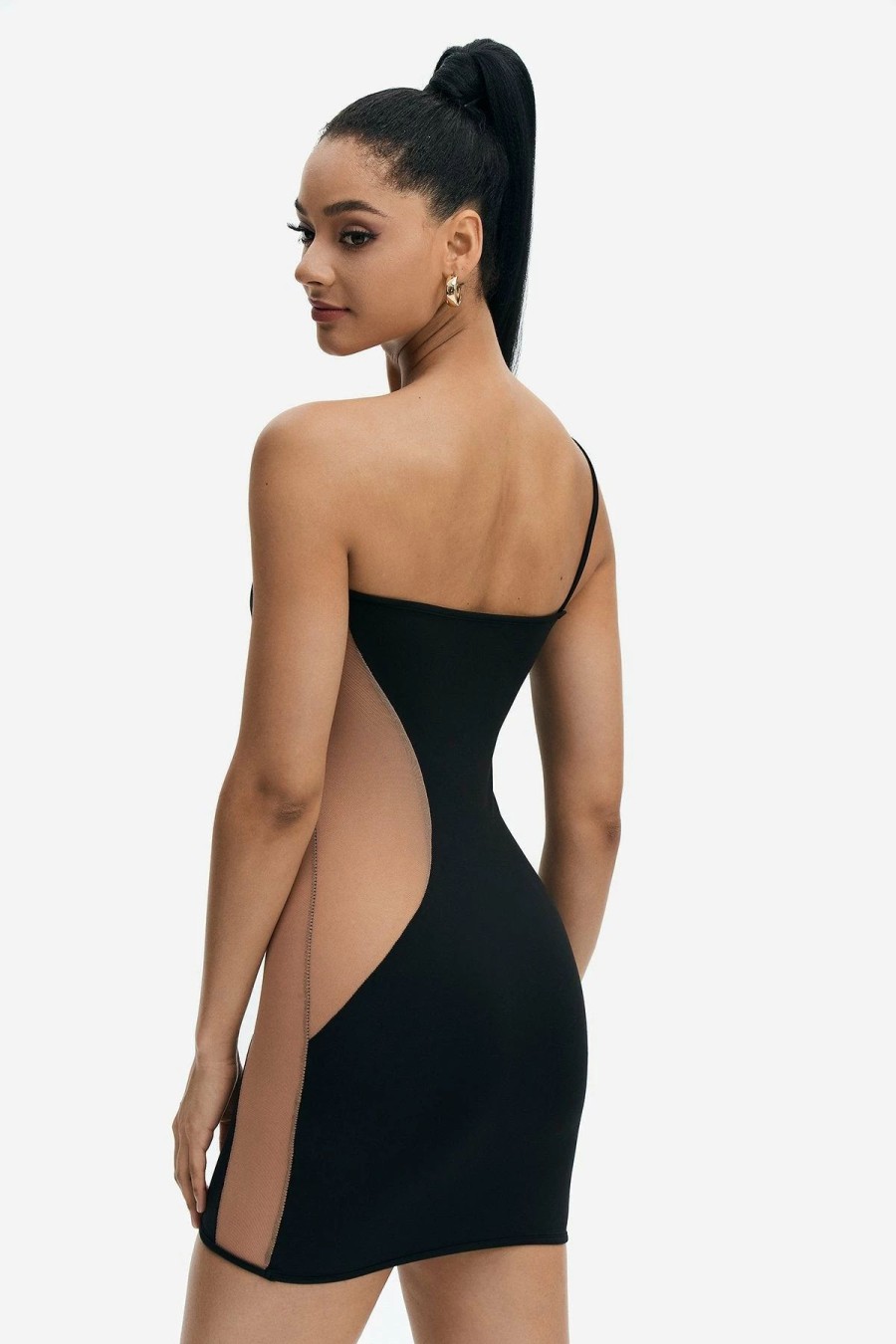 Online * Solado One Shoulder Mesh Splicing Mini Dress Black