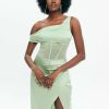 Online * Solado Asymmetrical Neck Mesh Splicing Midi Dress Lightgreen