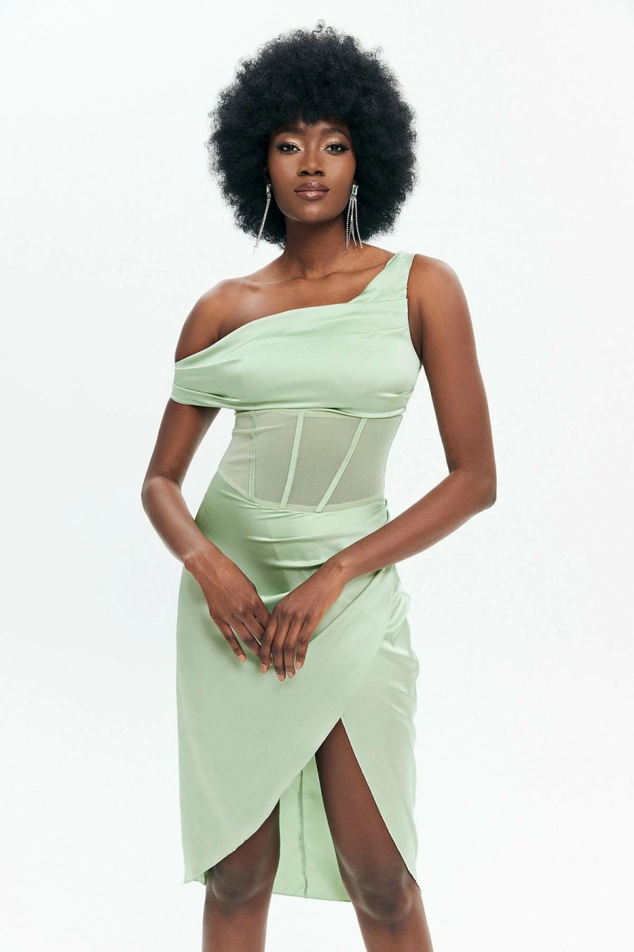 Online * Solado Asymmetrical Neck Mesh Splicing Midi Dress Lightgreen