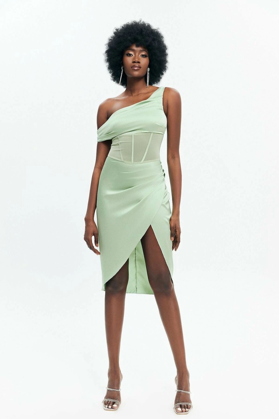 Online * Solado Asymmetrical Neck Mesh Splicing Midi Dress Lightgreen