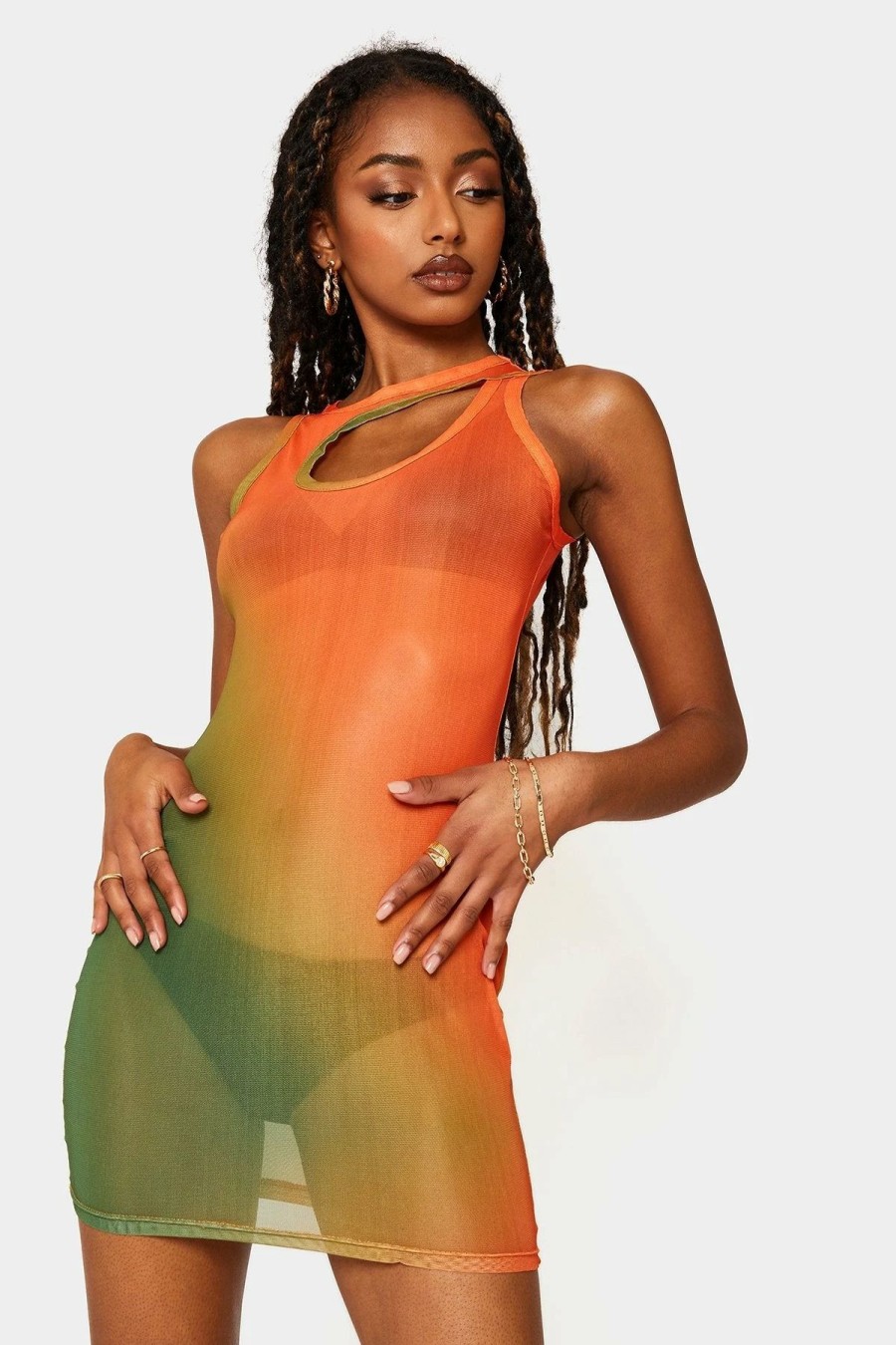 New * Solado Gradient Cut Out Mesh Sleeveless Mini Dress Without Underwear Orange