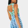 Best * Solado Mesh Heart Print Two Tone Drawstring Mini Dress Blue