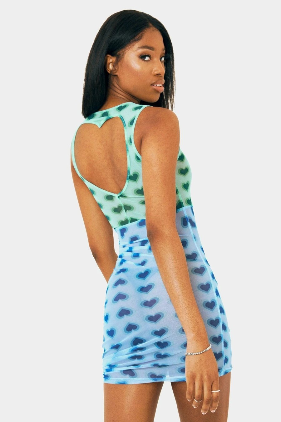 Best * Solado Mesh Heart Print Two Tone Drawstring Mini Dress Blue