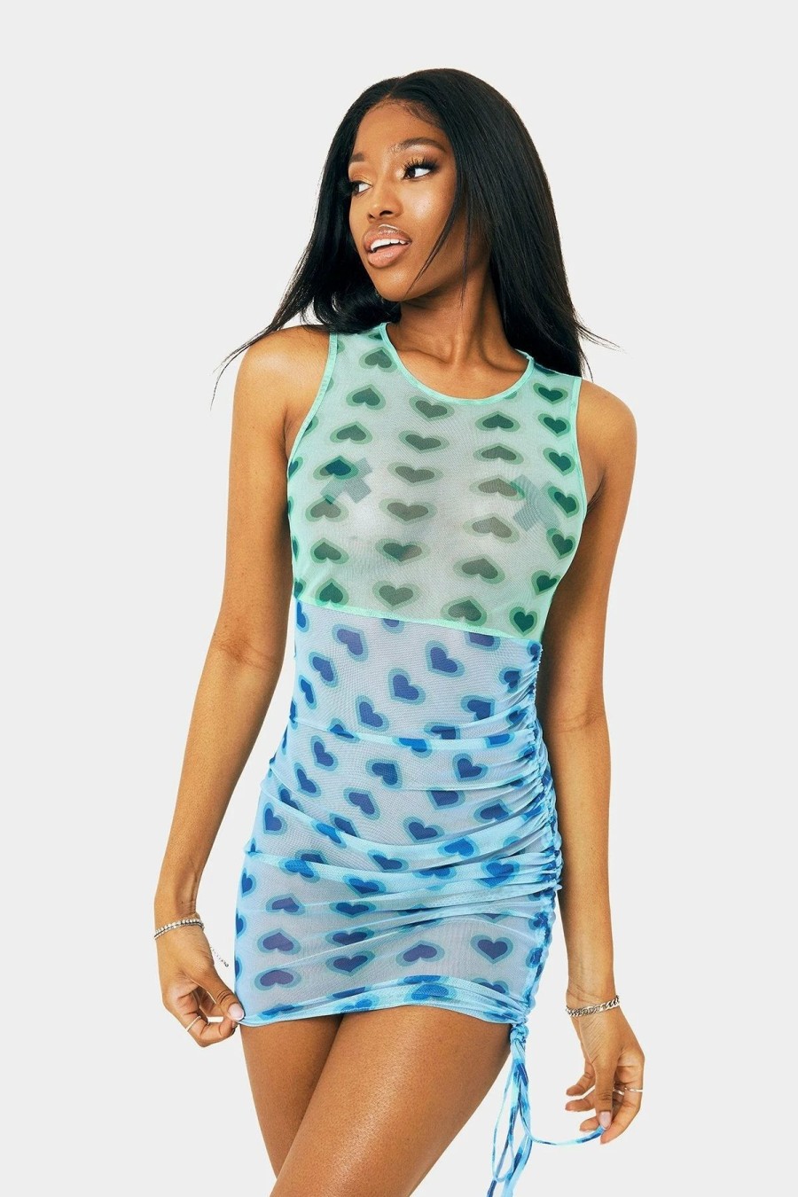 Best * Solado Mesh Heart Print Two Tone Drawstring Mini Dress Blue