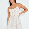 Wholesale * Solado Plunging Neck Floral Lace Splicing Mini Dress White