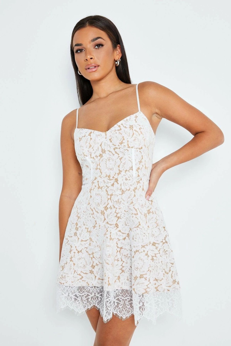 Wholesale * Solado Plunging Neck Floral Lace Splicing Mini Dress White