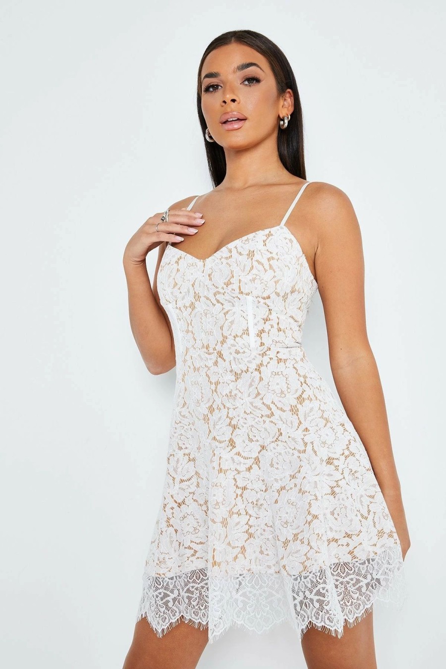 Wholesale * Solado Plunging Neck Floral Lace Splicing Mini Dress White