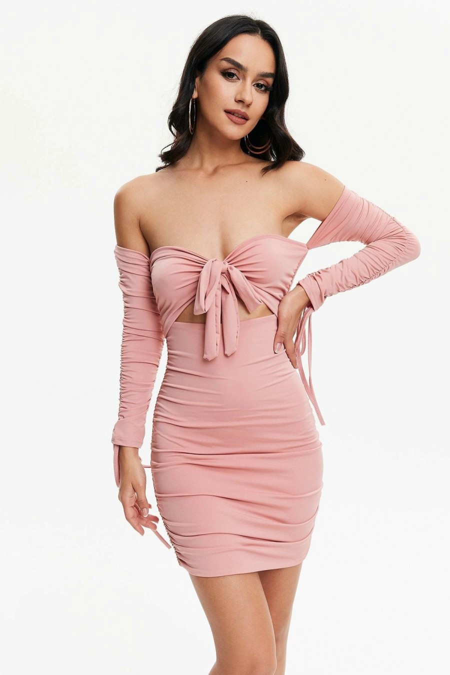 Best * Solado Off Shoulder Tie Front Cut Out Mini Dress Pink