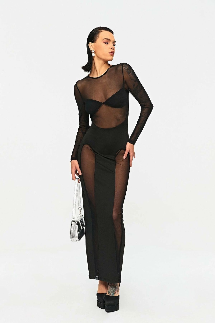 Clearance * Solado Mesh Splicing Long Sleeve Bodycon Maxi Dress Black