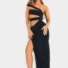 New * Solado Asymmetrical Neck Cut Out Split Hem Maxi Dress Black