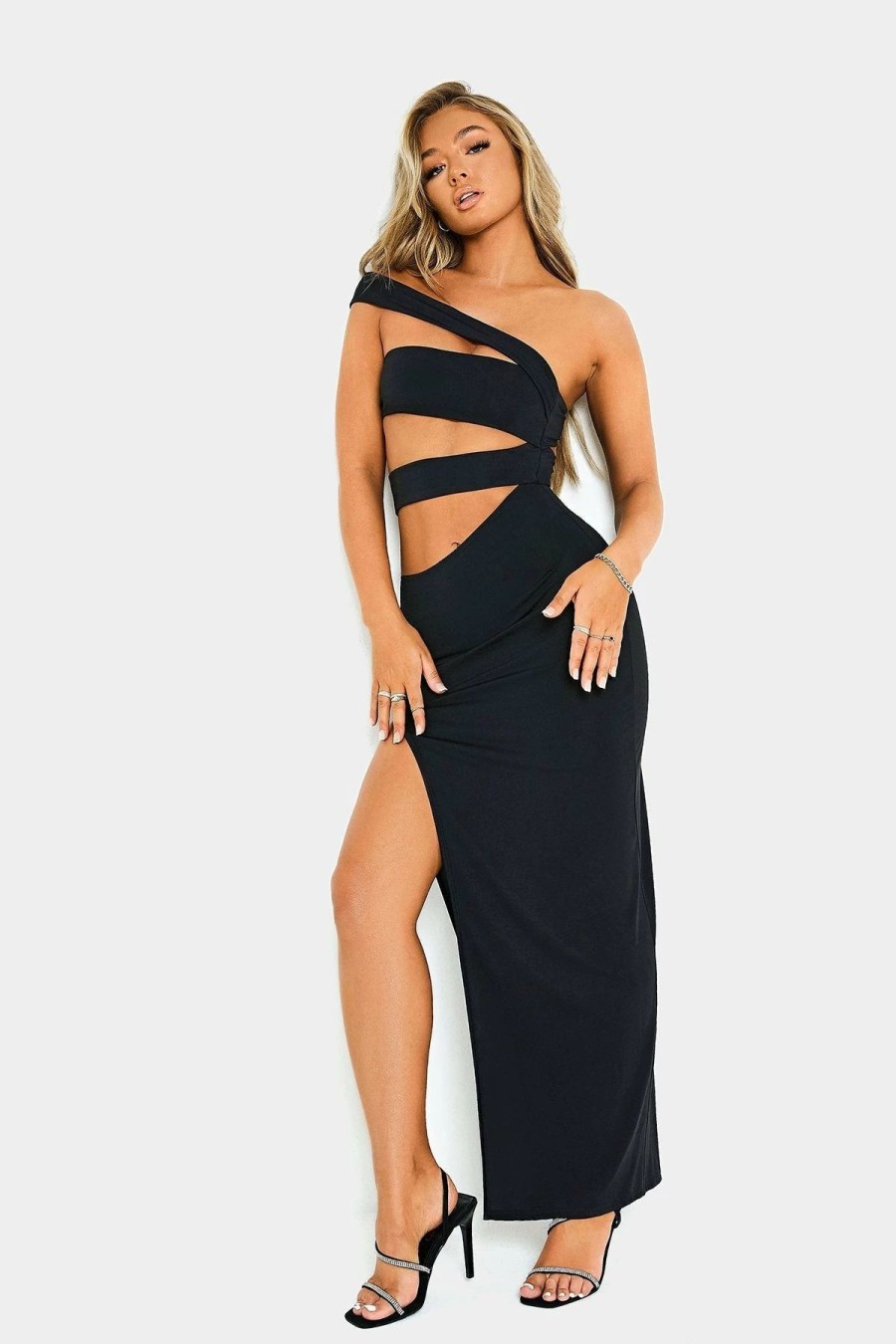 New * Solado Asymmetrical Neck Cut Out Split Hem Maxi Dress Black