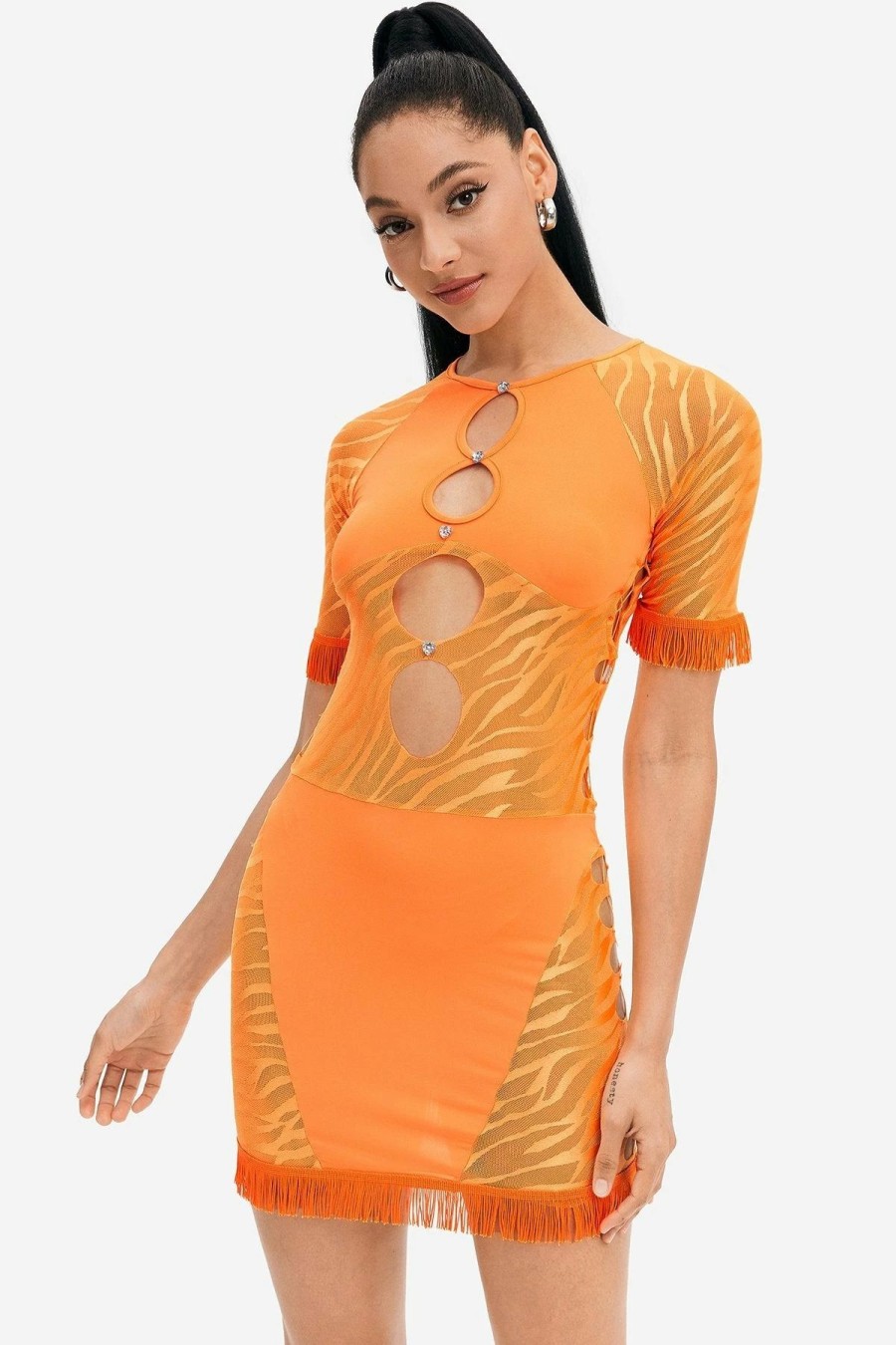 Wholesale * Solado Cut Out Tassel Hem Short Sleeve Mini Dress Orange