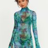 Hot * Solado Abstract Print Split Hem Mesh Long Sleeve Mini Dress Without Underwear Mediumturquoise