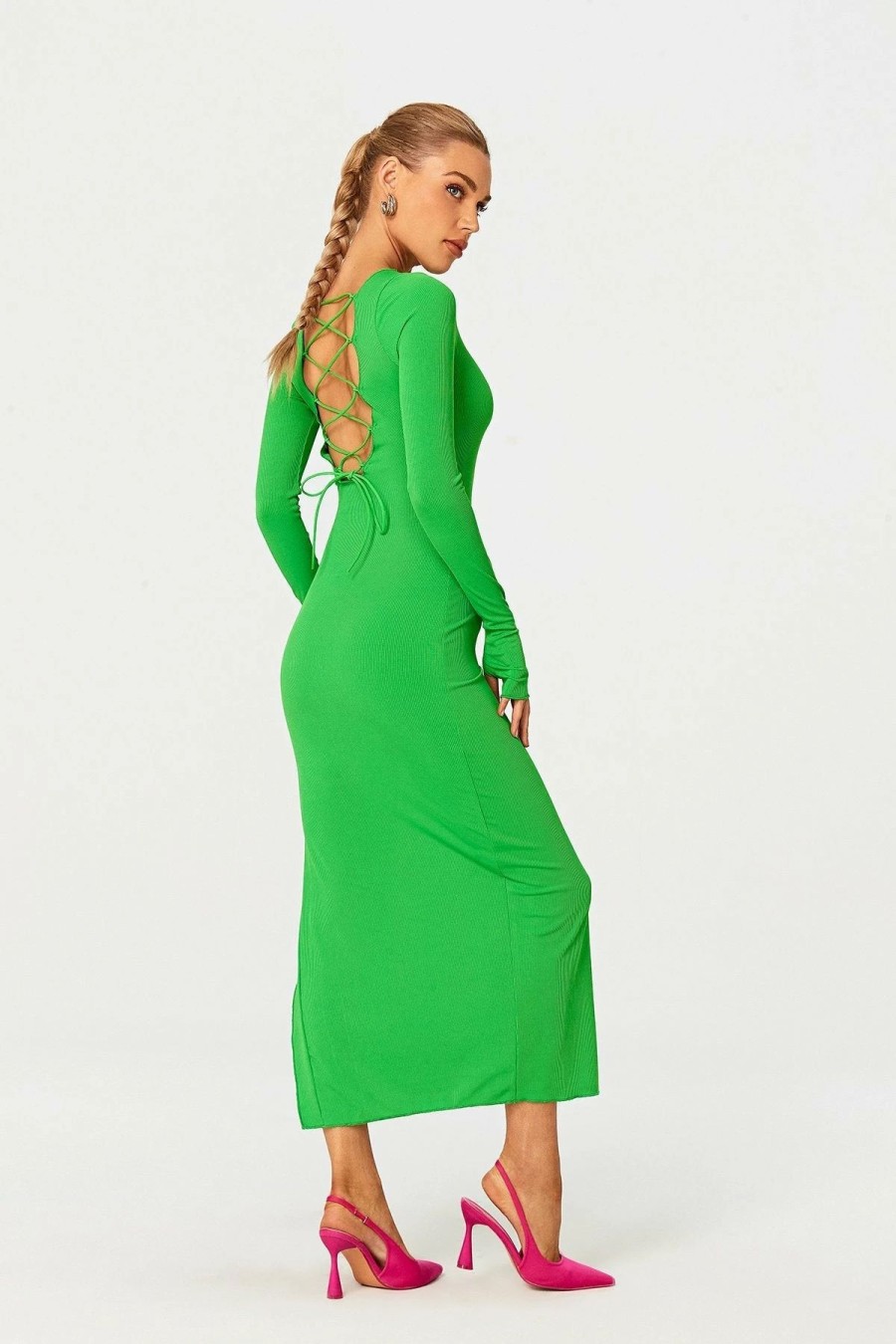 Wholesale * Solado Lace Up Open Back Split Hem Long Sleeve Midi Dress Limegreen