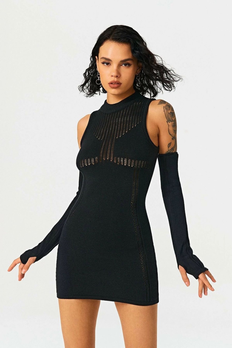 Online * Solado Distressed Knitted Bodycon Mini Dress With Oversleeve Black