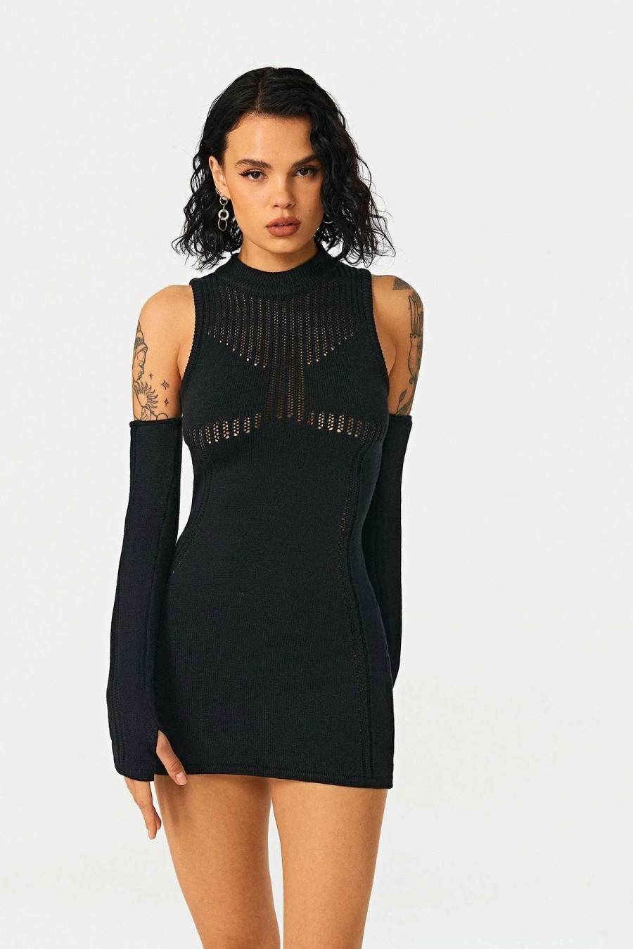 Online * Solado Distressed Knitted Bodycon Mini Dress With Oversleeve Black