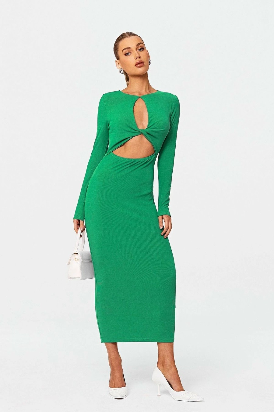 Clearance * Solado Cut Out Twist Front Long Sleeve Maxi Dress Green