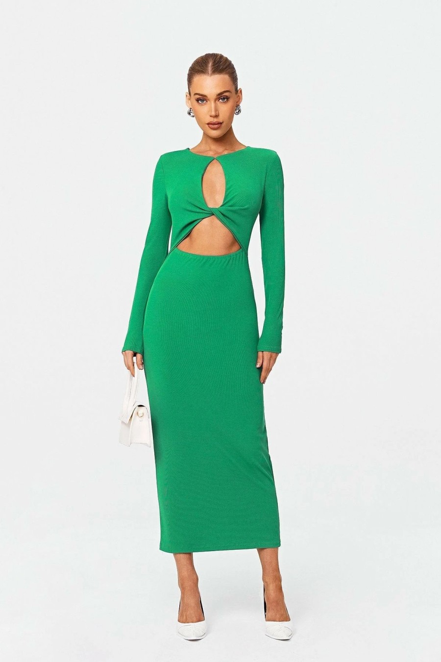 Clearance * Solado Cut Out Twist Front Long Sleeve Maxi Dress Green