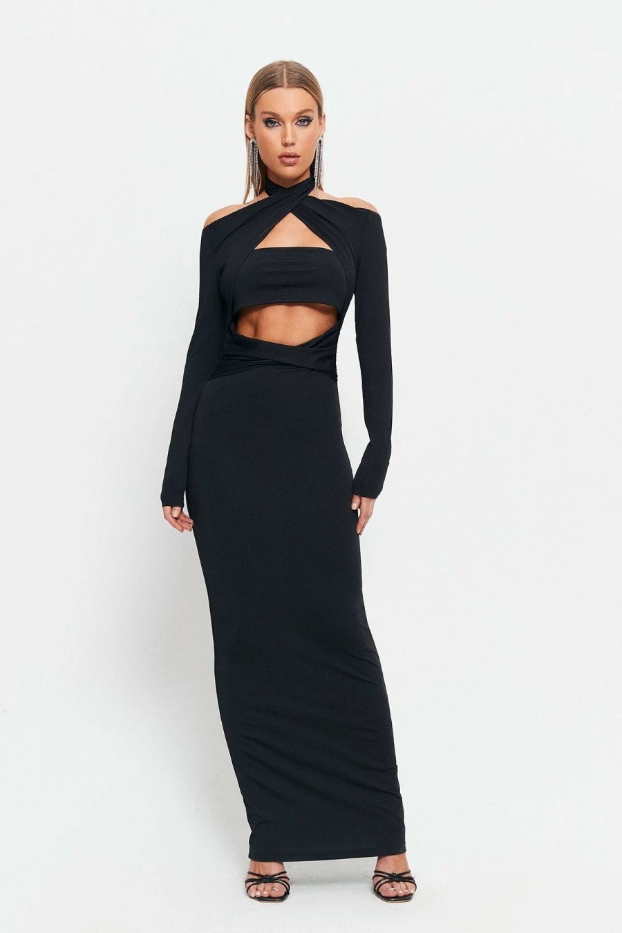 New * Solado Halter Neck Cut Out Long Sleeve Maxi Dress Black