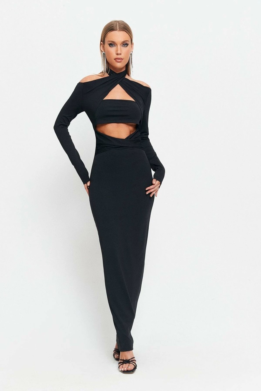 New * Solado Halter Neck Cut Out Long Sleeve Maxi Dress Black