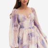 Online * Solado Tie Dye Lantern Sleeve Flare Mini Dress Plum