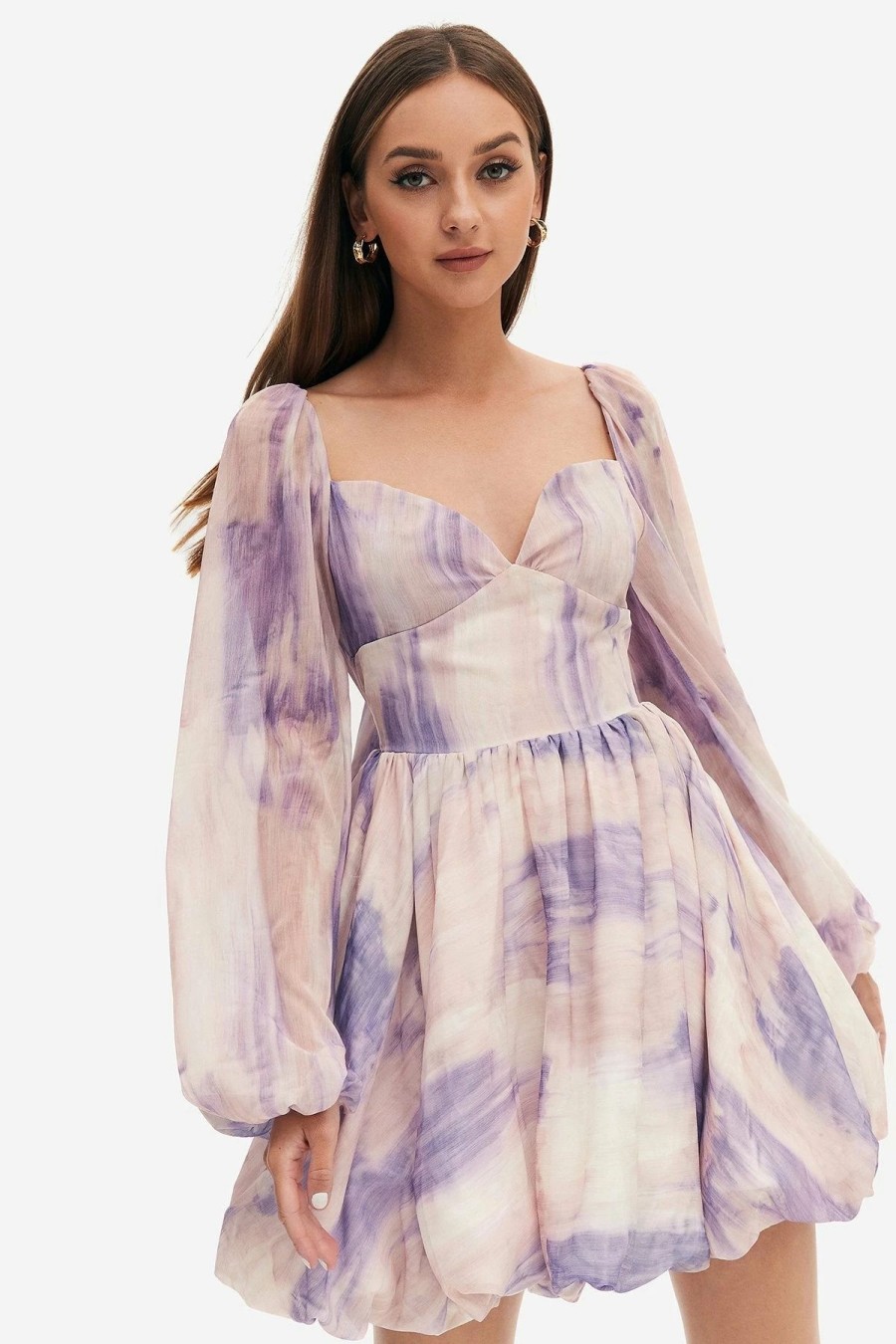 Online * Solado Tie Dye Lantern Sleeve Flare Mini Dress Plum