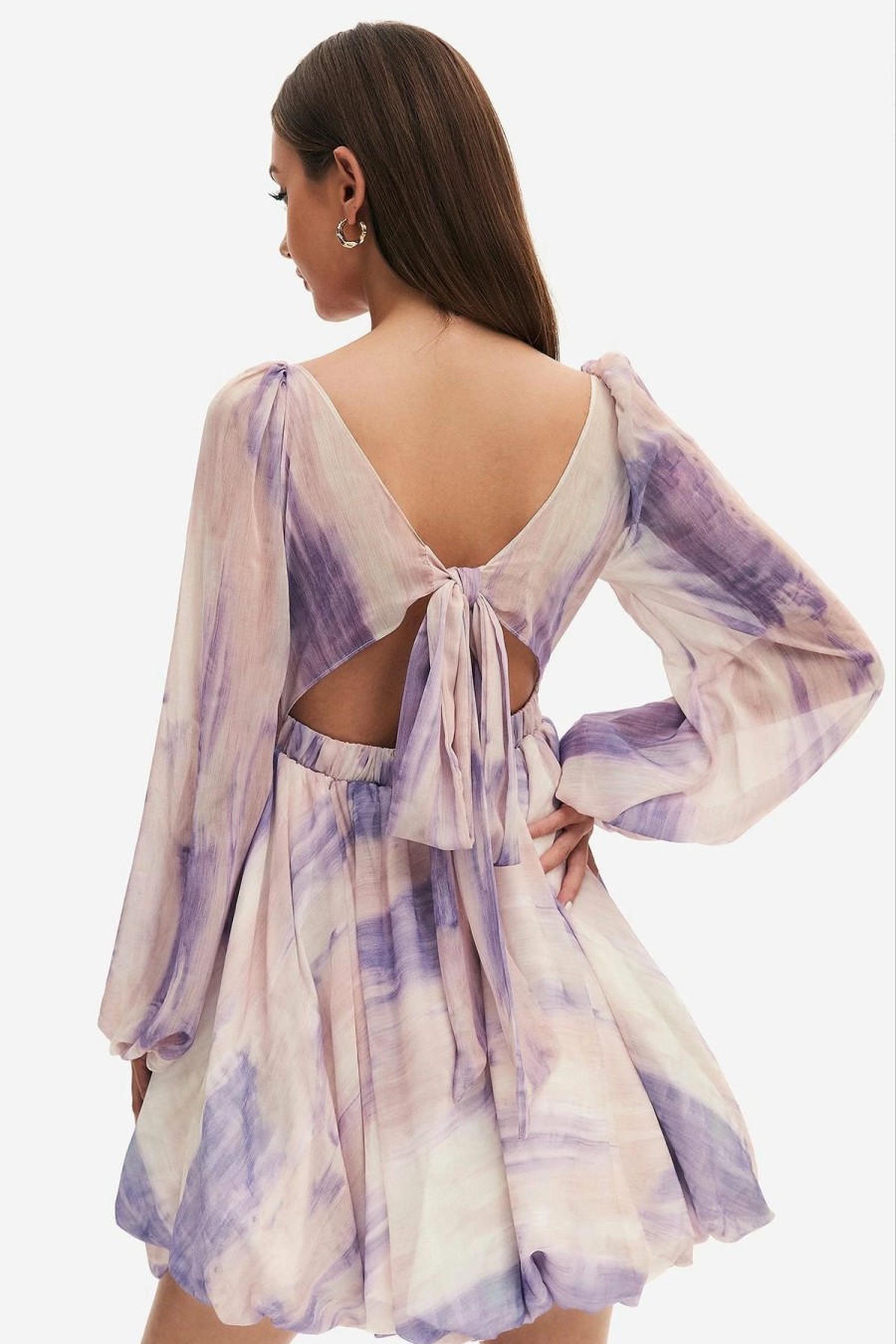 Online * Solado Tie Dye Lantern Sleeve Flare Mini Dress Plum