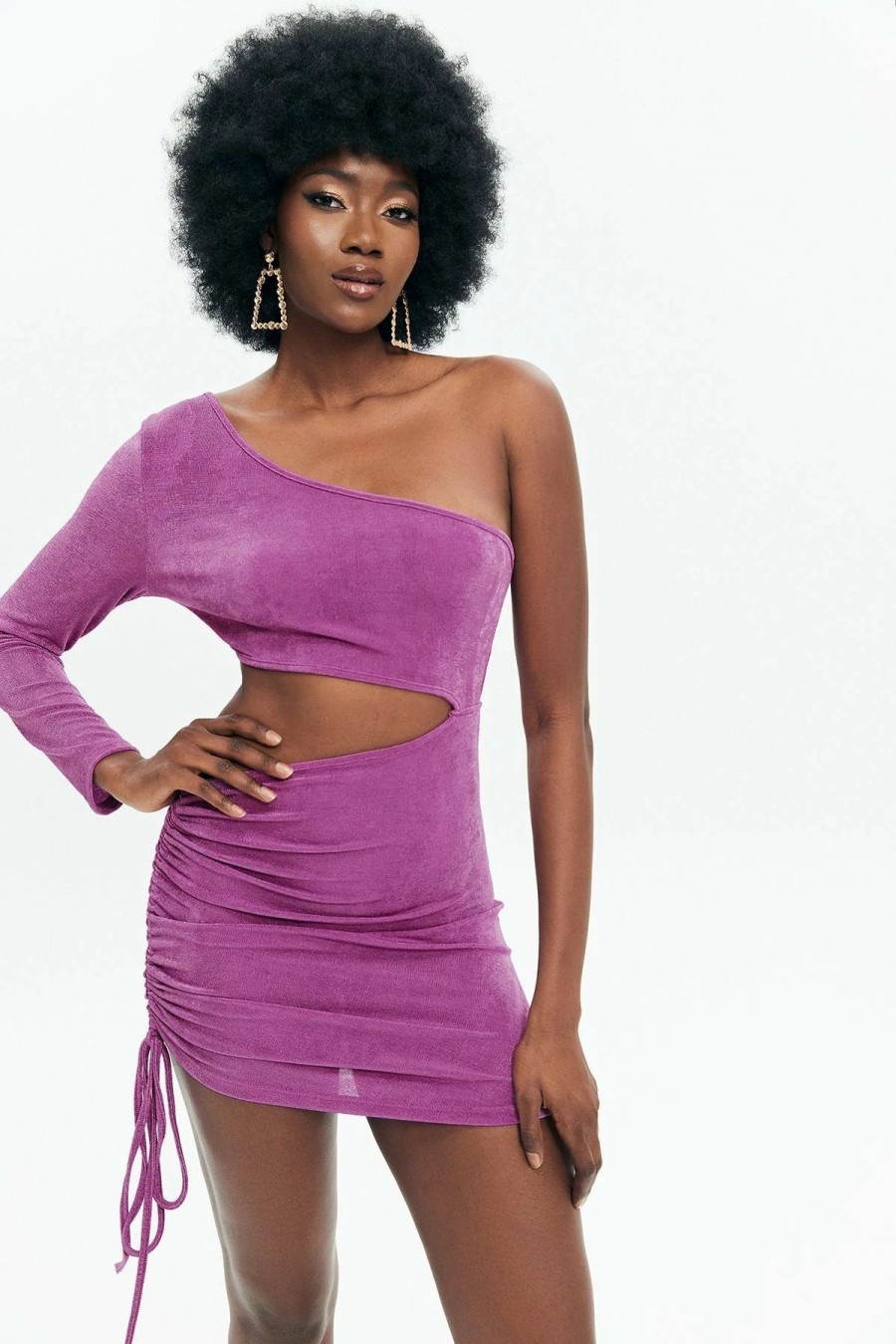 Online * Solado One Shoulder Cut Out Drawstring Mini Dress Purple