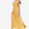 Online * Solado Satin Draped Side Split Cowl Neck Midi Dress Yellow