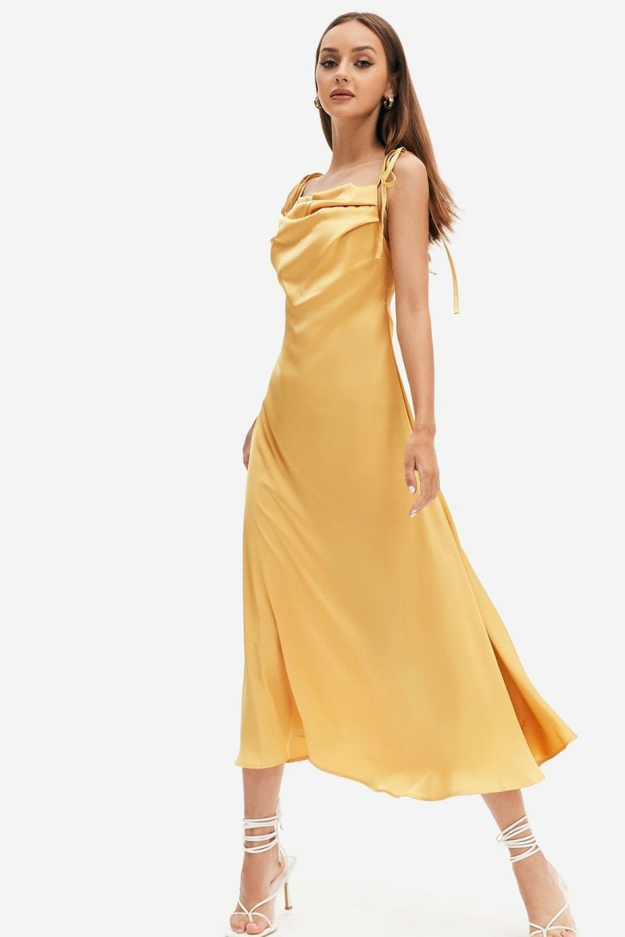 Online * Solado Satin Draped Side Split Cowl Neck Midi Dress Yellow