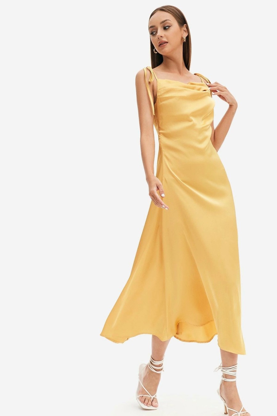 Online * Solado Satin Draped Side Split Cowl Neck Midi Dress Yellow