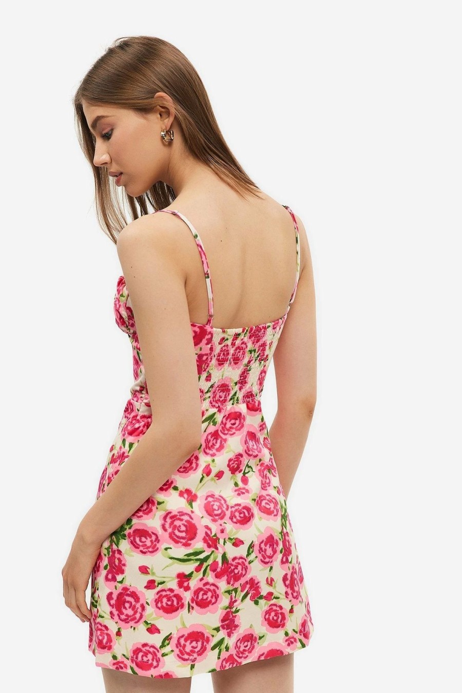 Hot * Solado Plunging Neck Floral Print Backless Mini Dress Deeppink