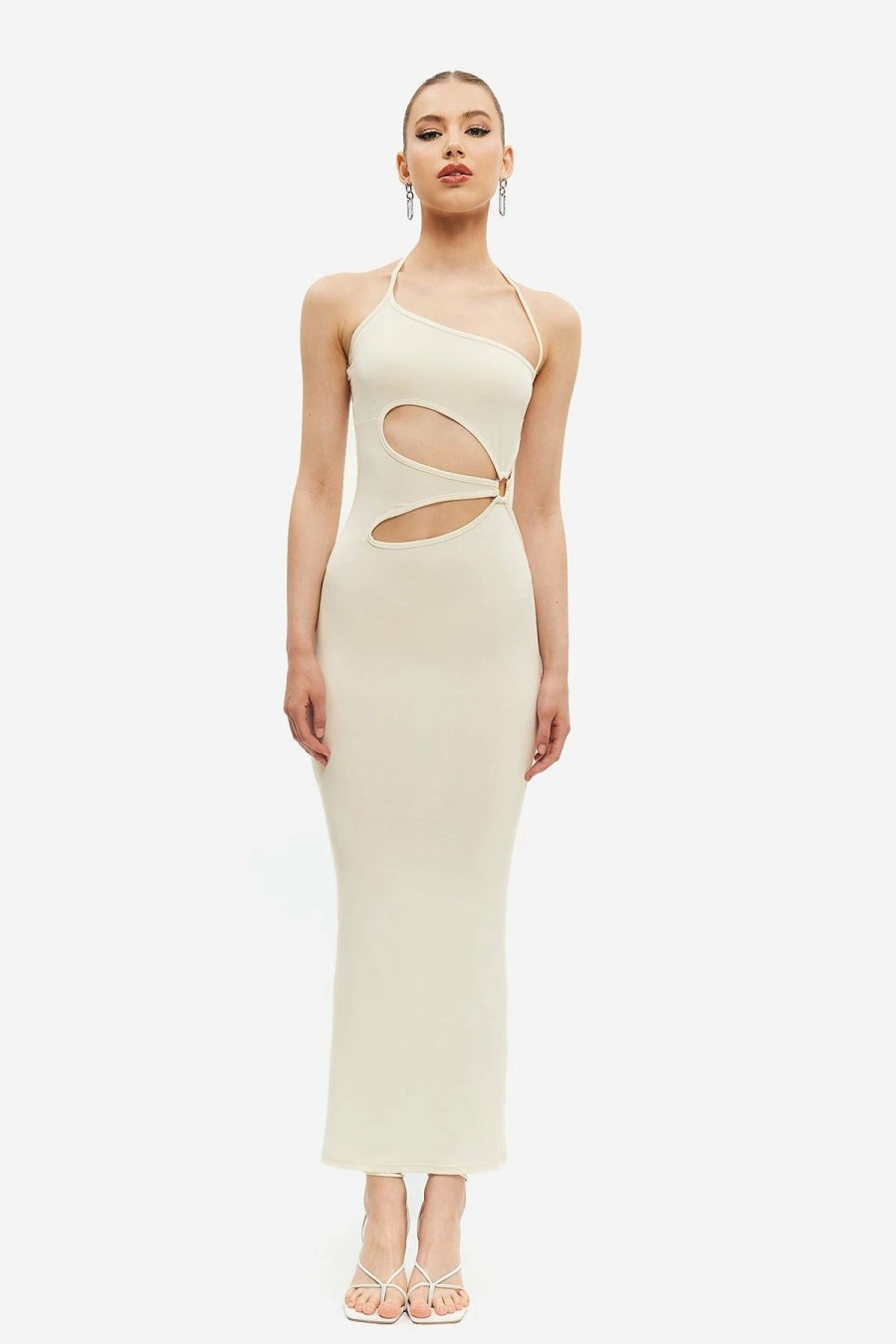 Online * Solado Floral Cut Out Halter Neck Backless Maxi Dress Beige