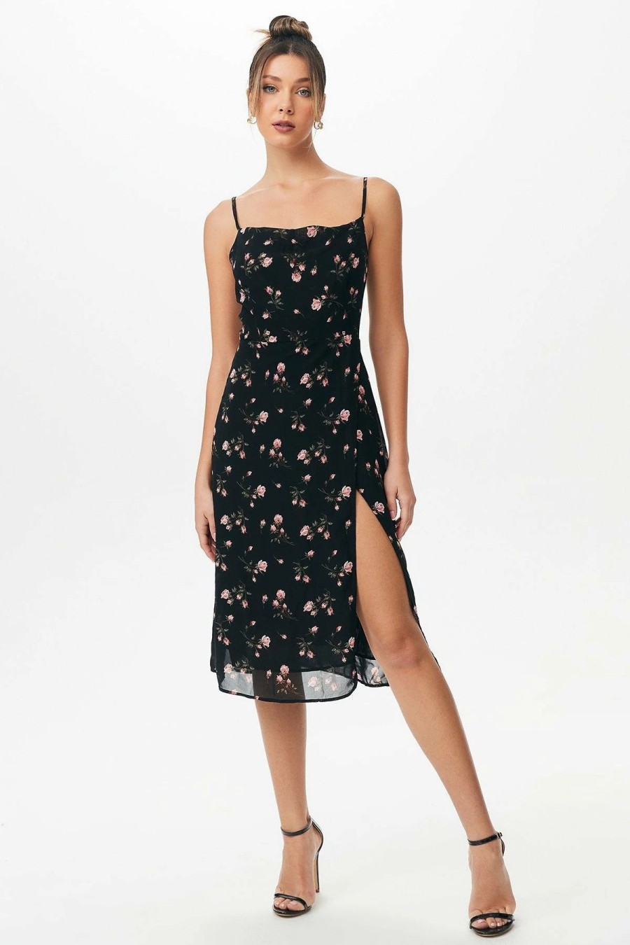 Best * Solado Floral Print Split Leg Cami Dress Black